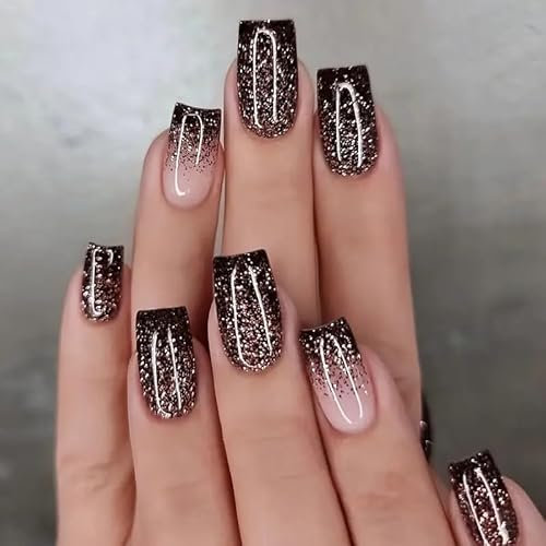Cosmeria Künstliche Nägel, 24-teiliges Set mit Schwarz-Glitzer-Design, Wiederverwendbare Press on Nails Kurz mit Doppelseitiger Nagelfeile – Edle Maniküre