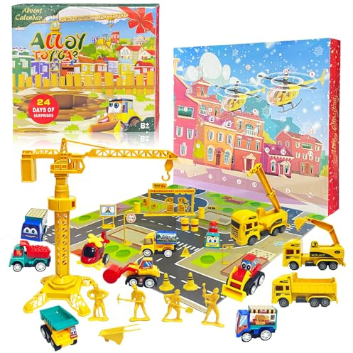 VEEKAY 2025 Adventskalender Auto Kinder,24 Tage Weihnachtskalender Geschenk,Baufahrzeuge Spielzeug AutoJungen Auto Spielzeug Weihnachtskalender