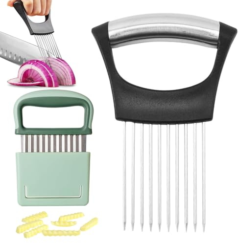 SZZETK Coupe Oignon et Couteau Ondulé à Frites, Coupe-Oignons en Acier Inoxydable, Porte Tranche Oignons, Couteau Ondulé, Pour Viande, Oignons, Pommes de Terre, Tomates, Citrons