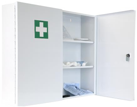 First Aid Products Verbandschrank G - DIN13169:2021 Erste Hilfe Füllung | , Metall, Zweitürig, 3 Fächer mit Abschließbarem Medikamentenfach, Robust und Langlebig, Weiß, 60 × 50 × 13 cm