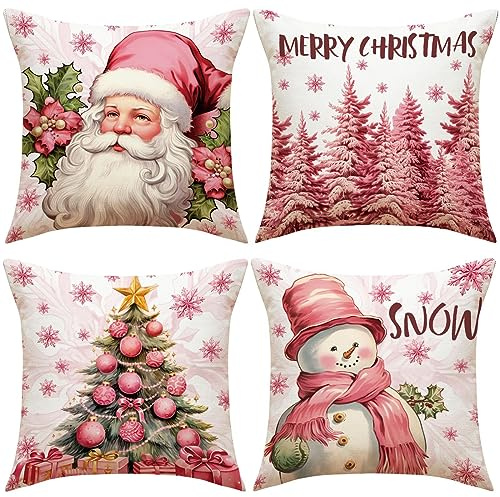 BSLVWG Set di 4 federe per cuscini natalizi, decorazioni natalizie per interni, rosa, Babbo Natale, pupazzo di neve, albero, divano, 45 x 45 cm, morbido peluche natalizio