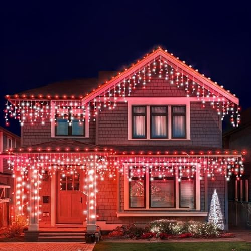 Best Artificial Christmas Outdoor Connectable Red & Bright White Icicle Lights Battery Powered, Waterproof with 8 Multi-Function, Timer & Memory (5m)