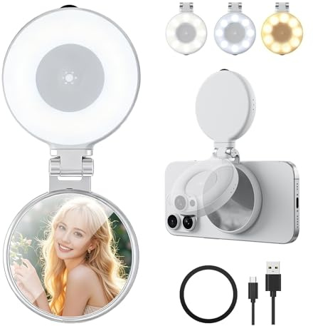 Magnetic Selfie Ligh twith Mirror,3-in-1 Portable LED Fill Light,Dimmable with Foldable Design, 360° Rotatable for Compatible with iPhone/Android for Selfie/Photography/TikTok/Zoom Calls/Video