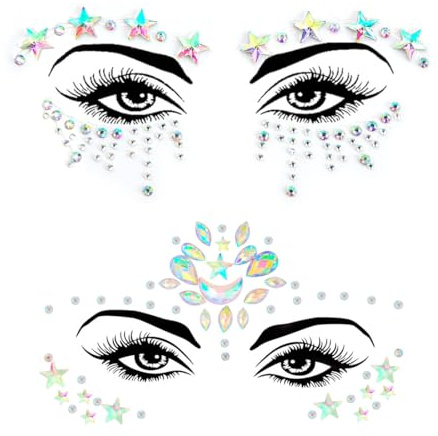 YIPFEN Pietre Adesive per il Viso Stelle e Luna Glitter Tattoo - Accessorio per Costumi Galassia per Donne a Carnevale, Halloween e Festival - Set da 2 Pezzi
