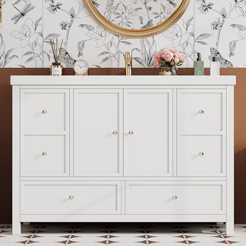 Lahoomu 120x50x86.5cm freistehender Badezimmerwaschtisch, Lackierte Oberfläche, Doppelte Schranktüren mit Soft-Close-Funktion, Integriertes Harzbecken, Weiß