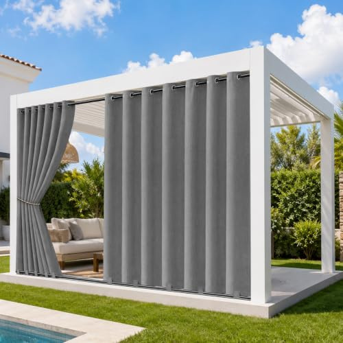 Rosnek Outdoor Vorhang Wetterfest Extra Breit B254 x H274 cm, 100% Blickdicht Winddicht mit Ösen Oben & Schlaufen Unten, Leinenvorhang für Terrasse Pavillon Pergola Balkon Garten, Grau