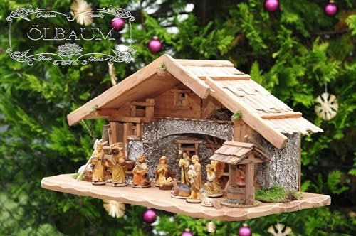 BTV XXL Große Weihnachtskrippe mit Zubehör, Ausführung: massiv Vollholz Massivholz mit Krippenfiguren in Echtholz-Optik, mit Figuren, Stall Krippe Krippenstall ohne Beleuchtung