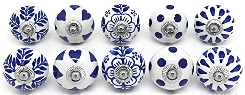 Set of 10 Navy Blue and White Ceramic Door Knobs by These Please FP2