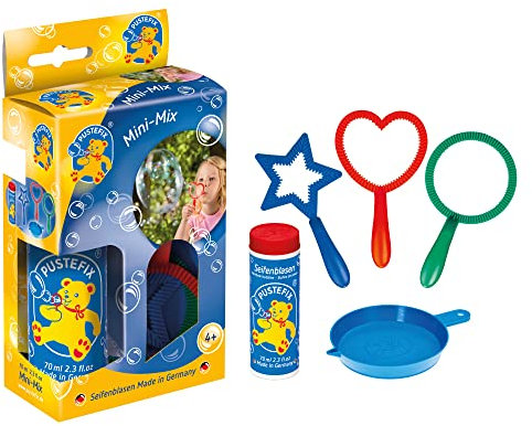 PUSTEFIX Mini-Mix 3 Bubble-Ringe I 70 ml Seifenblasenwasser I Bubbles Made in Germany I Seifenblasen Spielzeug für Kindergeburtstag, Hochzeit, Sommerfest I 3 Puste-Ringe für Kinder & Erwachsene