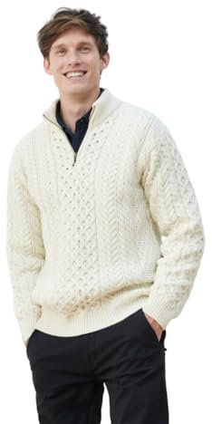 Aran Woollen Mills Men's Zip Neck Merino Wool Jumper in Cream - Cable Knit Mixed Stitch Gentlemen's Pullover - Medium