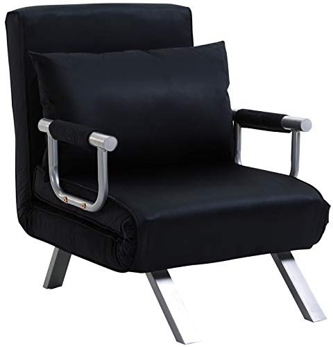 HOMCOM Fauteuil chauffeuse canapé-lit Convertible 1 Place déhoussable Grand Confort Coussin Pieds accoudoirs métal suède Noir