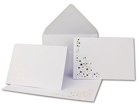30x Faltkarten-Set mit Umschlägen DIN B6 - Hochweiß (Weiß) mit goldenen Metallic Sternen - 11,5 x 17 cm - bedruckbar - Ideal für Weihnachtskarten