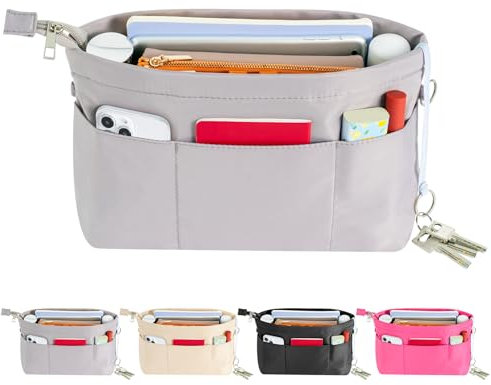 HyFanStr Handtaschen Organizer Nylon, Taschenorganizer Tasche in Tasche Organizer Innentaschen für Handtaschen mit Schlüsselkette,Grau,Groß