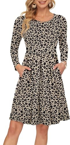 AUSELILY Damen Langarm Plissee Loose Swing Freizeitkleid mit knielangen Taschen Leopard L