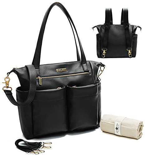 MIMITOOU Baby Changing Bag Miss Fong Nappy Changing Backpack Tote Leather Diaper Bags with Changing Mat Baby Bags for Mom and Dad, Insulated Pockets, Black