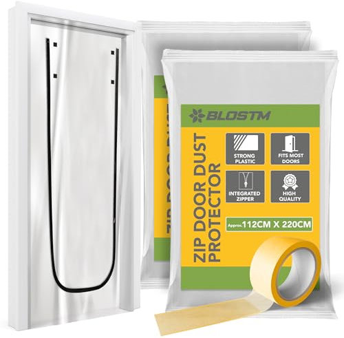 BLOSTM Dust Door Cover with Zip - 2 Pack Clear Door Protector, Plastic Dust Sheet, Door Curtain U Shaped Zipper Easy Installation (112cm x 220cm)