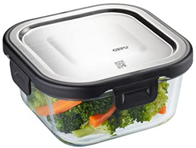 GEFU Frischhaltedose MILO - smarte Lunchbox mit Frische- & Vorratskontrolle per App, aus Glas mit Silikonverdichtung & Klick-Verschluss, Lebensmittelbehälter, Tupperdose, 500 ml, quadratisch