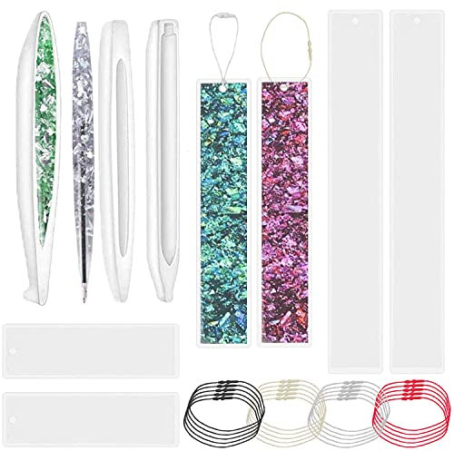 9 Stück Stift Lesezeichen Harzformen mit 20 Lanyard, Rechteckige Gießform aus Silikon und Kugelschreiber Epoxidharzform mit 20 Stück String für DIY Lesezeichen Anhänger Schmuck Schlüsselanhänger
