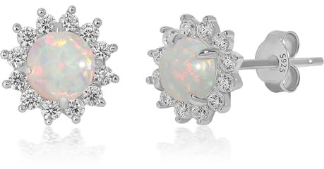 Weiße Feueropal-Ohrringe 4.5 x 4.5 mm zierlicher Edelstein Opal runde Ohrstecker Oktober-Geburtsstein zierliche Opal-Ohrringe handgefertigt Hochzeitsschmuck Geschenk für Bräute Abschlussfeier (Silber)