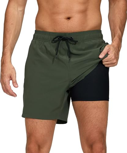 outfit spring Shorts de Bain Homme Séchage Rapide avec Poche Zippée, Maillot de Bain 2 en 1 avec Doublure de Compression, Short de Plage pour Natation, Piscine et Fitness, C0 Vert Armée, XL