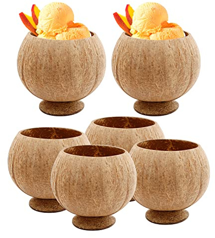 LIDSCURA Lot de 6 gobelets en coquille de noix de coco naturelle sur le thème hawaïen, pour fête, café, magasin de crème glacée, restaurant, décoration spéciale en coquille de noix de coco, 355 ml