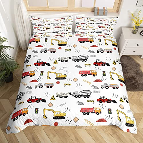 Homewish Kinder Traktor Bett Set Rot Grau LKW Bettbezug für Kinder Kleinkind, Gelbe Bulldozer Bettwäsche Set 135x200 Cartoon Bagger Tröster Abdeckung, Baufahrzeug Bettbezug (Reißverschluss)