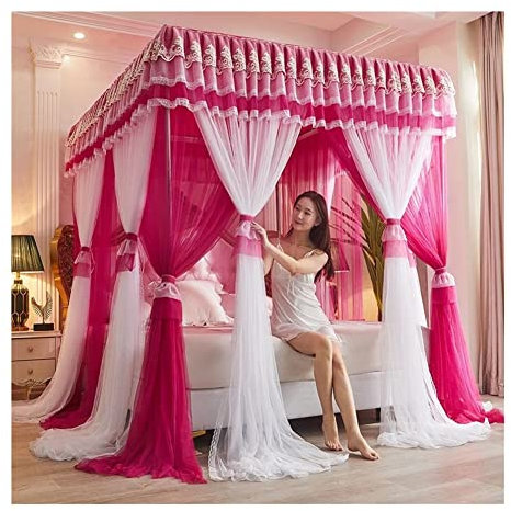 MIDUNU 4 Ecken Pfosten-Himmelbett-Vorhang, Prinzessin, bestickte Spitze, Rüschen, Betthimmel, Betthimmel-Vorhang für Mädchen und Erwachsene, Doppellagiges, durchsichtiges Mesh-Moskitonetz