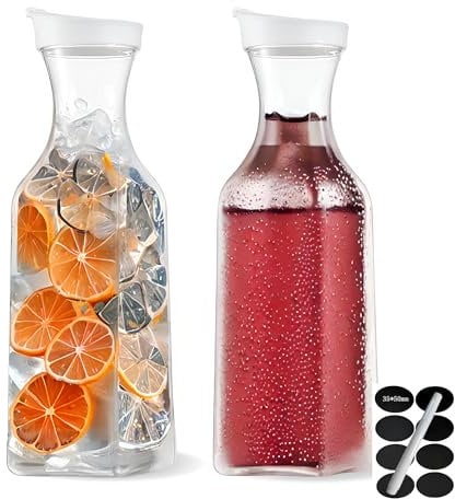 CutieSmiles 1.5L / 50oz Water Carafe with Flip Top Lid, Square Base Juice Pitcher, Clear Beverage Containers - for Water, Iced Tea, Lemonade, Juice, Beverage, Milk, Cold Brew and Mimosa Bar - Set of 2