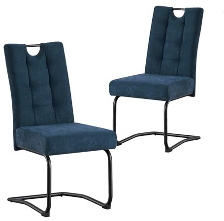 B&D home® Esszimmerstühle Sofia 2er Set – Freischwinger Schwingstuhl, gepolsterte Sitzschale mit Griff, Webstoff Blau, Metallkufe schwarz, Retro-Industrial Design für Esszimmer, Küche & Büro