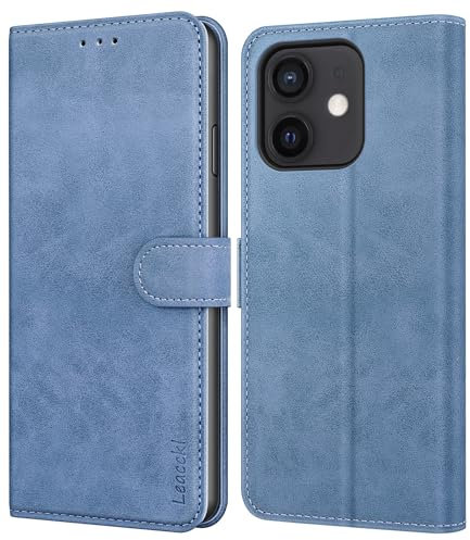 Leacckl - Funda para iPhone 12/12 Pro, Funda Tipo Cartera de Piel, Funda Abatible con Tarjetero y Hebilla Magnética, Mate