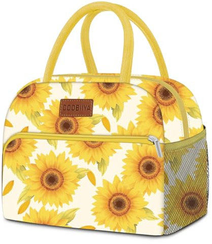 Coobiiya Lonchera para mujer, lonchera para mujeres y hombres, aislada, reutilizable, pequeña, a prueba de fugas, bonita lonchera para el trabajo, oficina, picnic o viajes, flor de sol