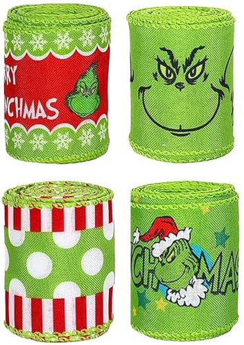 Grinch Christmas Ribbon - 4.5m 64mm Green and Red Gift Wrapping - Funny Cartoon Craft Decor for Grinch Decorations, Christmas Tree, Wreath, Bows - DIY Xmas Holiday (4 Pack)