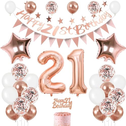 Luftballon 21. Geburtstag Roségold, 21 Geburtstag Mädchen Deko für 21. Geburtstag Mädchen Ballon 21. Geburtstag mit Banner Zahl 21 Ballons Geburtstag Tortendeko Ballon 21 Deko zum Geburtstag Mädchen