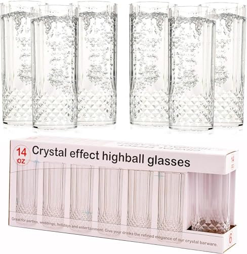 Buystarget 6X Crystal Effect Long Drink Glasses Plastic Highball Whiskey Wine Champagne Flute Glasses Tumblers Drinks Cups Durable Reusable Clear Vintage Table Glassware Hi-Ball BPA Free