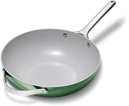Caraway Bratpfanne mit Antihaftbeschichtung, 30,5 cm, Wok-inspirierte Pfanne, frei von Chemikalien, hohe Schlitzwände, Edelstahlgriffe, Salbeigrün