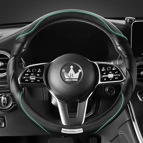 HighnessHwoo 3D Auto Lenkradabdeckung Lenkradbezug Komfortgriff Massage Sportlich Arutschfest Karbonfaser Kunstleder für Limousine, SUV, Universelle Passform, Auto Griff Abdeckungen, 37-38cm, Grün