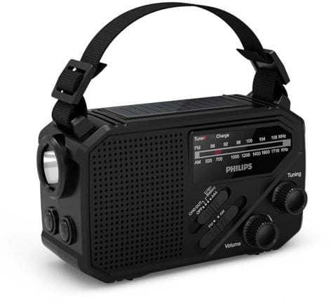 Philips TAR1609: radio portátil FM/AM con batería interna recargable, pilas AAA y manivela de soporte, energía solar, luz LED y linterna integrada para camping, senderismo o SI HAY cortes de corriente