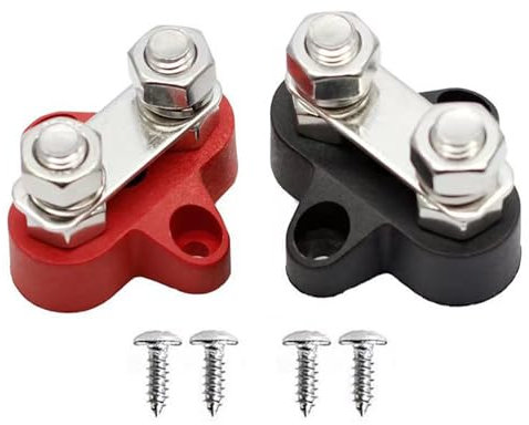 HAPPOW 2PCS Bus Bar Power Distribution M8 Terminal Block, 12V-48V DC Bus Bar with Dual Studs, Positive & Negative Battery Junction Post for Auto Car Marine Boat(Red and Black)