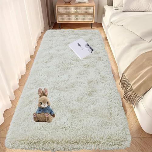 GOUTUI Modern Flauschiger Teppich 90 x 200 cm Anti-Rutsch Unterseite Warmer Fellteppich Weich & Schmutzabweisend Für Stühle Sofa Schlafzimmer Kinderzimmer, Weiß