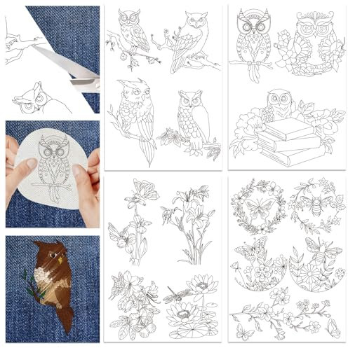 Hobbspring 4 Blatt Wasserlösliche Stickmuster 29.7x21cm Eulen Und Blumen Stickpapier Zum Sticken Und Nähen Selbstklebendes Stick Transferpapier Für Hemden Mäntel Taschen