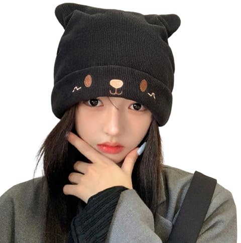 VaiKanhai Women Men Girls Boys Teens Cute Cat Ear Knit Cable Rib Hat Cap Beanie Soft Cold Cozy Autumn Winter Women Beanie Cap for Outdoor Halstuch Junge (Black, One Size)