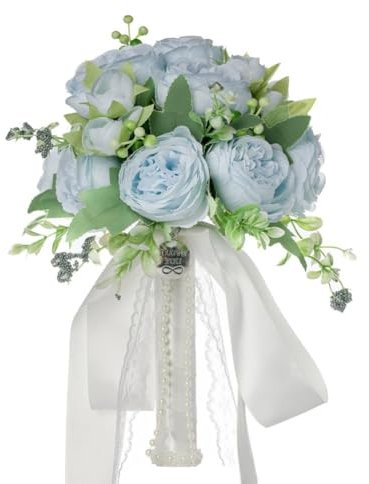 Wisafory Bouquet da sposa, bouquet da sposa, bouquet da sposa, con perle, vintage, fiori di seta, bouquet di rose artificiali, damigella d'onore, bel fiore artificiale per matrimonio, azzurro