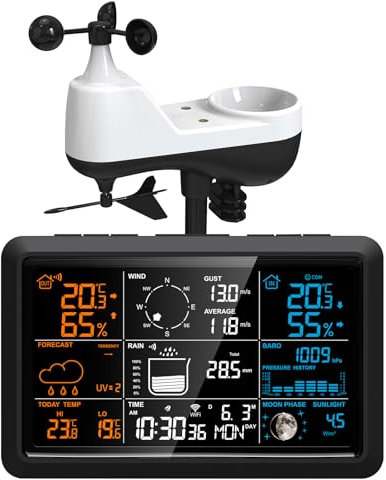 Wetterstation Funk mit außensensor, 5-in-1 Wetterstation mit Solar-Außensensor Regenmesser Windmesser drahtlos digital Farbdisplay für Innen/Außen 100m Reichweite
