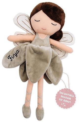 wunderwunsch personalisierte Fee als Taufgeschenk Mädchen, Fairy, Geschenk Geburt, Puppe, Baby, 1. Geburtstag Girly, Kuscheltier individualisiert (braune Haare)