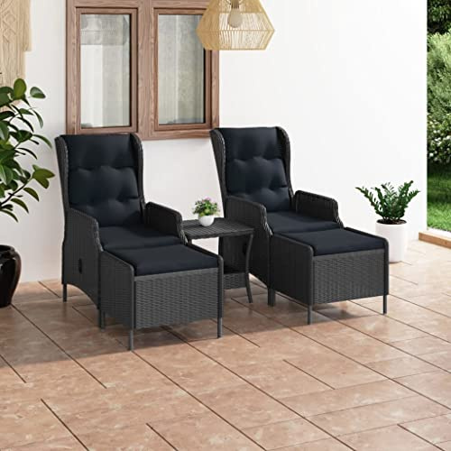 Qnhdfrt Garten Lounge Set 3 Teile Poly Rattan Dunkelgrau mit Auflagen Klappbarer Relaxsessel und Beistelltisch für Terrasse Balkon Garten