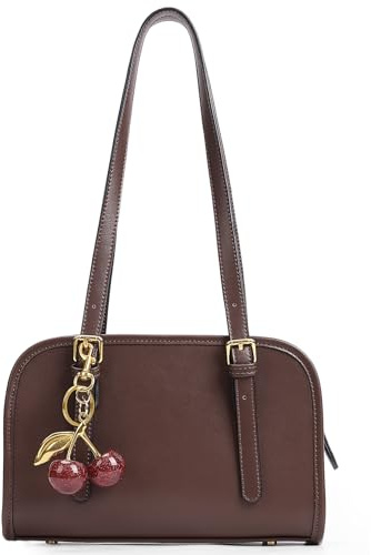 HiTotes Y2K Umhängetasche Rot Geldbörse für Damen Leder Burgunderrot Handtasche Swing Bag Tote Handtasche mit Kirsch-Anhänger, 01-Kaffee, 25.5cm