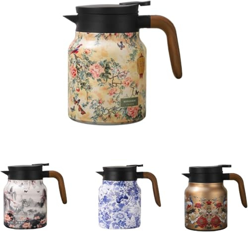 Thermoskanne Edelstahl 1000ml, Thermo Teekanne Dicht mit Retro Blumenmuster, V Förmiger Ausguss, Integriertes Teesieb, Handhaben, für Haus Wohnung