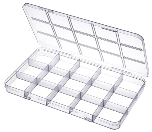 Bremorou 2 Pack Bead Organizer Box 15 Grids Mini Clear Plastic Bead Storage Box Craft Containers for Button Nail Jewelry Diamond Crafts Supplies Sewing Kit DIY Accessorie
