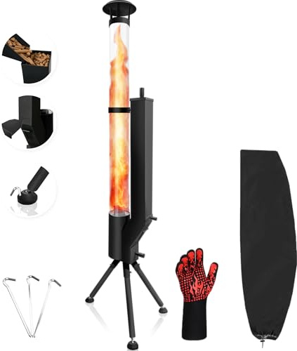 Estufa de pellets de madera de 63 pulgadas para exteriores con kit de protección segura (guante, cubierta, estacas para el suelo), calentador de patio con llama en espiral sin humo con barrera de