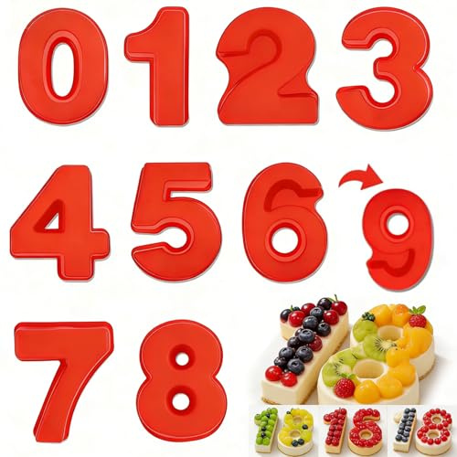 10 Inch Large Silicone Number 0-8 Cake Moulds, 9 Pcs Cake Mould Pan Set, 3D Non-Stick Baking Tins Large Cake Moulds Baking Pans for Birthdays Anniversary Wedding Celebrations (Red)